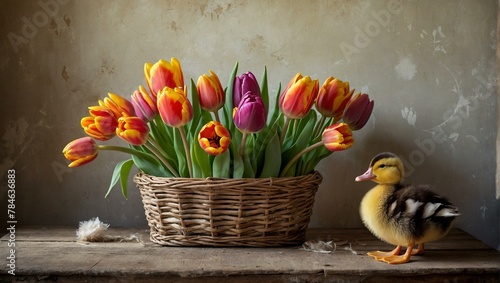 A rustic scene with colorful tulips in a wicker basket alongside an adorable duckling against a textured backdrop photo