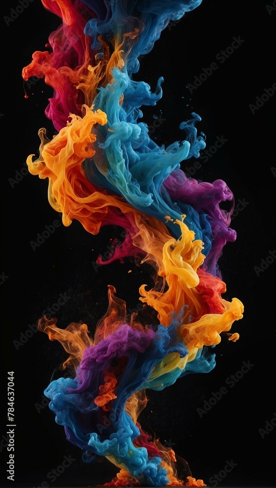 A dynamic and vivacious display of colored smoke intertwining as it rises against a black background, invoking energy