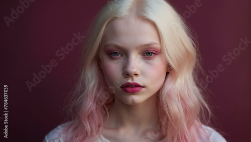 A captivating portrait of a young woman with pink hair and a refreshing, natural appearance