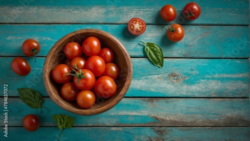 A bunch of ripe, red tomatoes in a bowl on a blue wooden surface with basil leaves, showcasing farm-fresh produce