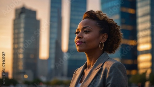 Confident professional woman in a business suit stands before cityscape at sunset, portraying empowerment