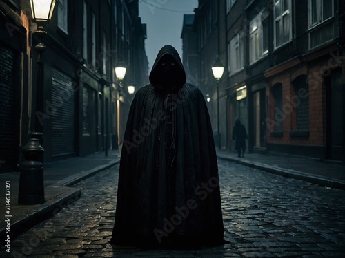 An enigmatic cloaked figure stands in a dimly lit old-fashioned street, evoking curiosity and suspense photo