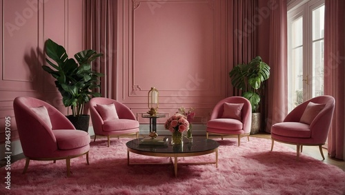 A sophisticated interior featuring pink walls, velvet furniture and large green plants adding a touch of nature © ArtistiKa