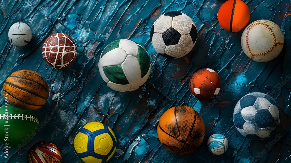 Dynamic Sporting Evolution: A Collage of Diverse Balls Against a Striking Blue-Gray Background with Vibrant Green Accents Dynamic Sporting Evolution: A Collage of Diverse Balls Against a Striking Blue-Gray Background with Vibrant Green Accents