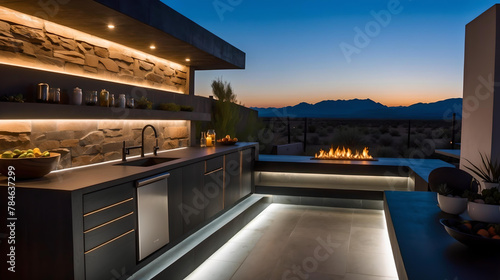 Outdoor kitchen and living area