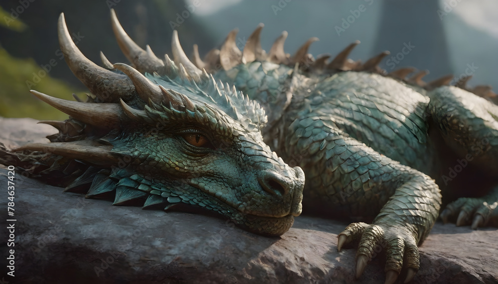 Majestic dragon resting on rocky terrain Majestic dragon resting on rocky terrain