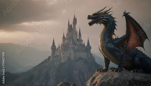 Majestic dragon overlooking a castle at dusk