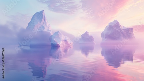 Serene Arctic Sunrise with Majestic Icebergs Reflecting on Calm Waters