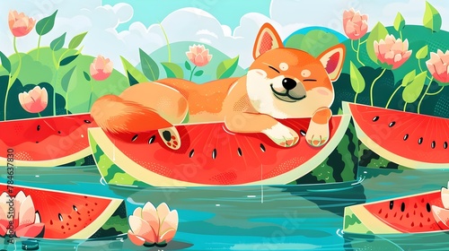 Shiba Inu's Summer Play: Illustrated on a Watermelon Slice Floating in a Cool Lake