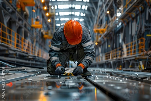 Construction Worker Meticulously Measuring Metal Profile in Industrial Setting