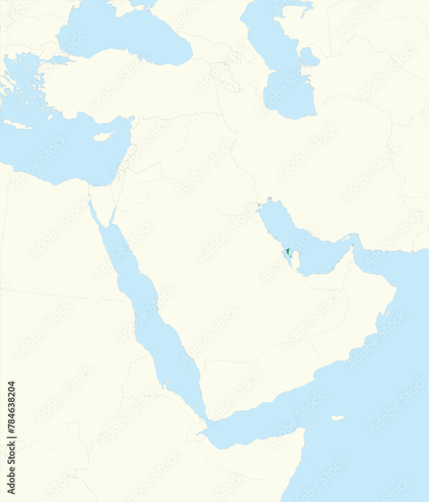 Green detailed blank political map of BAHRAIN with black borders on beige continent background and blue sea surfaces using orthographic projection of the Middle East Green detailed blank political map of BAHRAIN with black borders on beige continent background and blue sea surfaces using orthographic projection of the Middle East