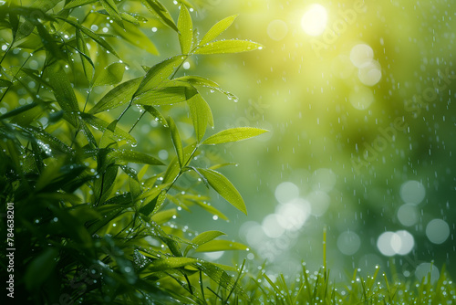 Juicy dense green grass in drops of rain and dew close-up over the water of a river or lake at dawn. Magnificent serene summer landscape. Wallpaper.