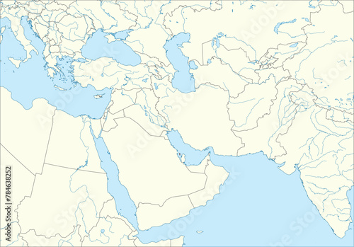 Red detailed blank political map of BAHRAIN with black borders on white continent background  blue sea surfaces and rivers using orthographic projection of the Middle East