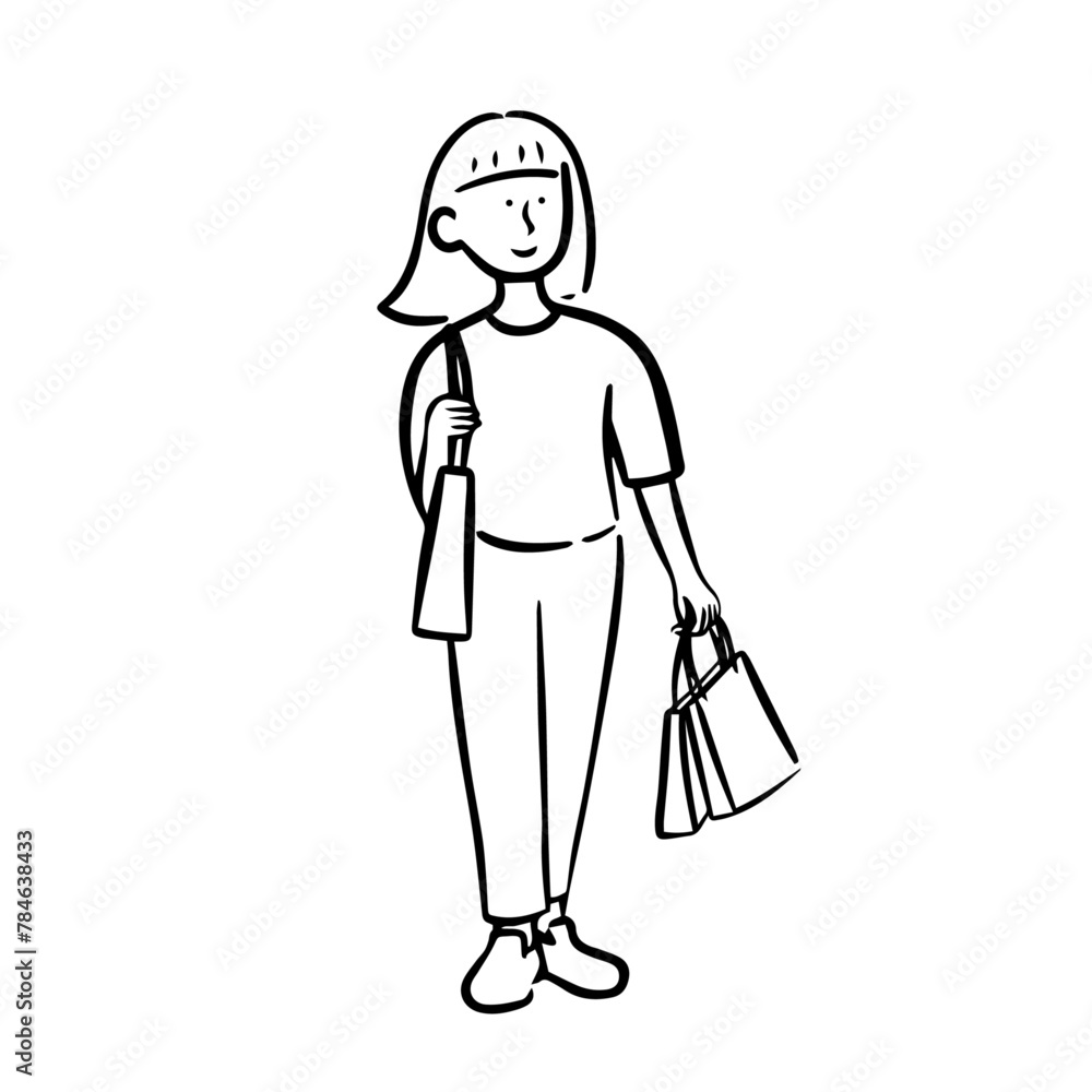 Hand Drawn Woman with Shopping Bag Outline Illustration Hand Drawn Woman with Shopping Bag Outline Illustration