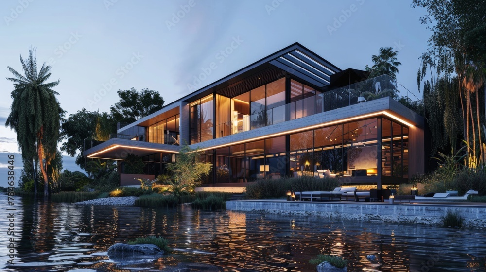 3d rendering of modern house by the river at morning, house, luxury, villa, modern, architecture, building, exterior, residential, property, designer