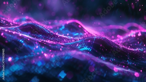 Abstract futuristic background with purple and blue glowing neon moving high speed wave lines and bokeh lights. Visualization of sound waves. Data transfer. Fantastic wallpaper gen by AI photo