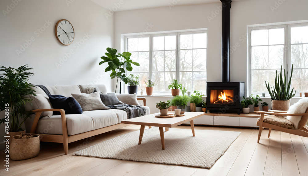 Fototapeta premium Contemporary Living Room with Fireplace and Natural Decor Elements