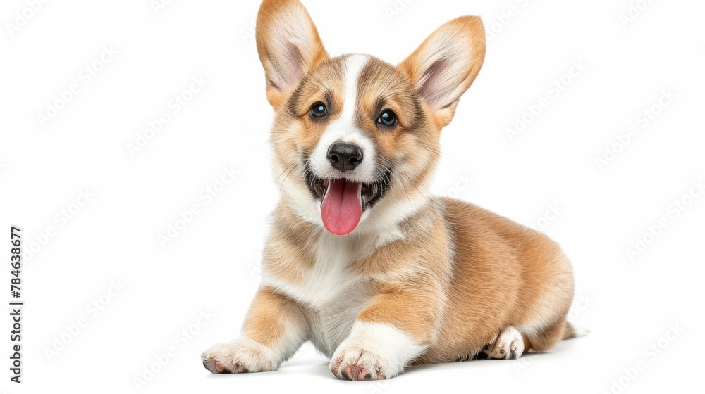 cute puppy with a tongue sticking out. The puppy is sitting on a white background. The puppy has a happy expression on its face