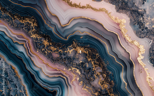 Ripple pattern layers of agate and marble background in gold, pink and blue color. 