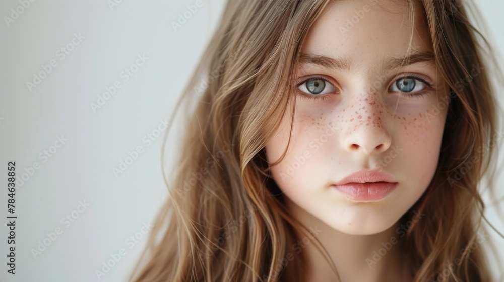 portrait of a beautiful young caucasian white American model teen girl looking forward. child ad with copy space, children, beauty, pretty portrait of a beautiful young caucasian white American model teen girl looking forward. child ad with copy space, children, beauty, pretty