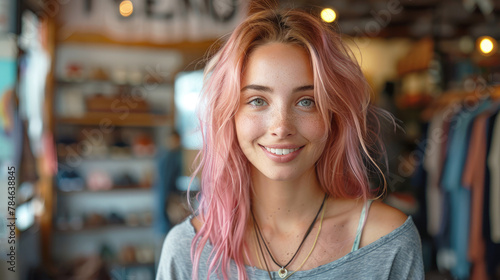 Wallpaper Mural Happy portrait of a teenage girl with pink hair looking directly at the camera while standing in front of a modern clothes wardrobe closet.  Torontodigital.ca