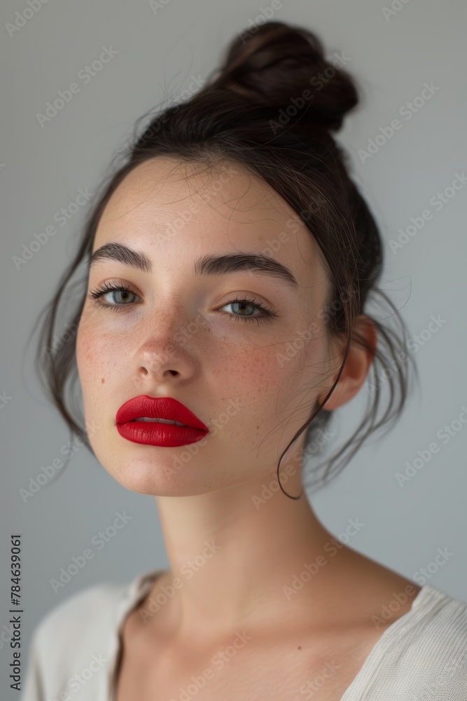 A brunette girl with brightly painted red lips, portrait. She has brown hair. A model in the studio, on a white background. A brunette girl with brightly painted red lips, portrait. She has brown hair. A model in the studio, on a white background.