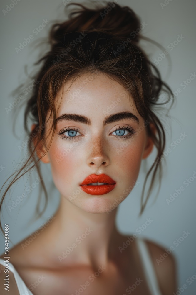 A brunette girl with brightly painted red lips, portrait. She has brown hair. A model in the studio, on a white background. A brunette girl with brightly painted red lips, portrait. She has brown hair. A model in the studio, on a white background.