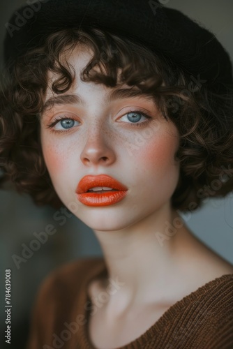Cute girl,blue eyes, red lipstick , brunette , brown beret on her head, portrait. Short curly hair . © EvaMur