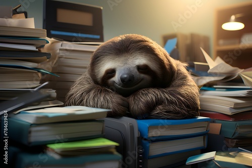 Cute sloth sleeps sweetly at work on a stack of documents, generated by AI
