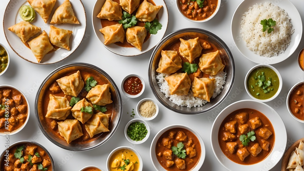 Set-of-Indian-foods--top-view--isolated-on-white-background--momos--butter-chicken-curry-and-rice--samosas--pani-puri-on-plate--Asian-food-set-collection-top-view--Indian-and-Pakistani-food-collection Set-of-Indian-foods--top-view--isolated-on-white-background--momos--butter-chicken-curry-and-rice--samosas--pani-puri-on-plate--Asian-food-set-collection-top-view--Indian-and-Pakistani-food-collection