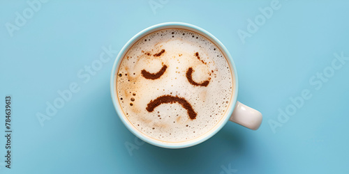 Top view of Coffee cup with Sad face drawn on coffee cup isolated on blue background