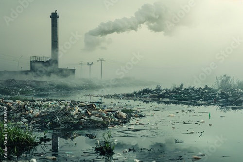 Smoke billows out of an industrial factory located near a body of water  causing environmental concern