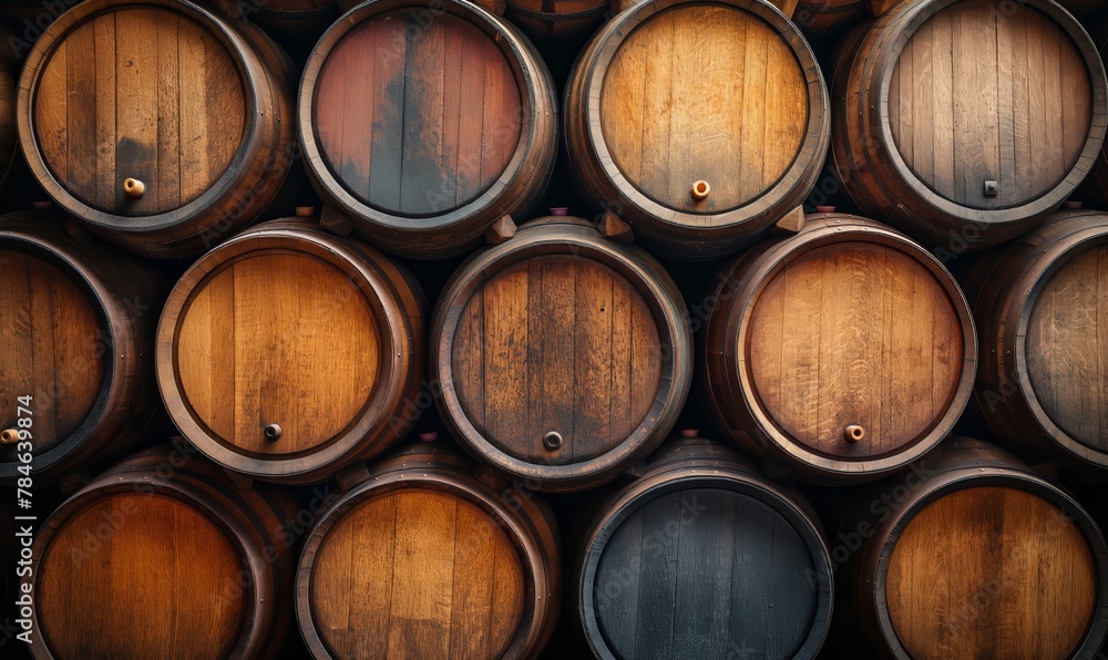 Background of stacked wooden storage barrels. Background of stacked wooden storage barrels.