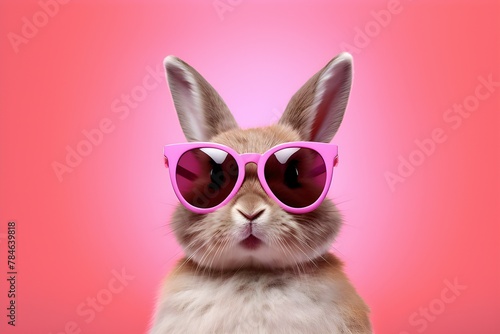 Close-up of the head of a funny rabbit in sunglasses on a blue background, generated by AI