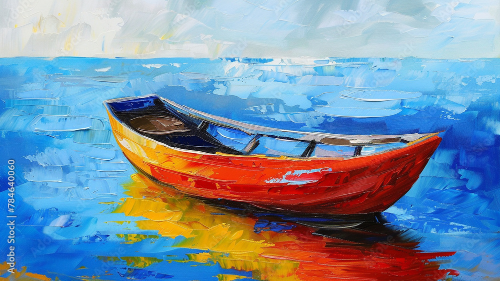 Fototapeta premium Oil painting of a boat, wallpaper, The beauty of old vehicles on the surface of the water