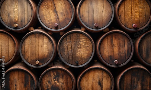 Background of stacked wooden storage barrels.