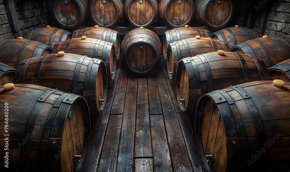 Background of stacked wooden storage barrels.