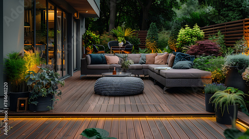Superbe terrasse de maison avec des chaises et des tables et des plantes