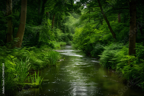 Serene Snapshot of a Picturesque Narrow River Meandering through an Unspoiled Green Forest photo