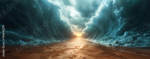Сomposite of the ocean opening up to form a canal. Moses separate the sea in exodus. Israelites crossing the red sea. Biblical and religion illustration. Happy Passover, Pesah photo