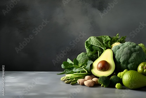 top view set of fresh products for a healthy lifestyle: almonds, brocooli, spinach and cereals, generated by AI photo