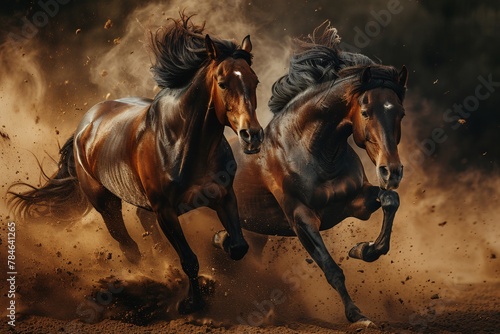 A painting depicting two horses running energetically in a dusty dirt field © Multiverse