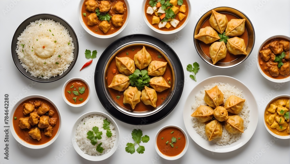 Set-of-Indian-foods--top-view--isolated-on-white-background--momos--butter-chicken-curry-and-rice--samosas--pani-puri-on-plate--Asian-food-set-collection-top-view--Indian-and-Pakistani-food-collection Set-of-Indian-foods--top-view--isolated-on-white-background--momos--butter-chicken-curry-and-rice--samosas--pani-puri-on-plate--Asian-food-set-collection-top-view--Indian-and-Pakistani-food-collection