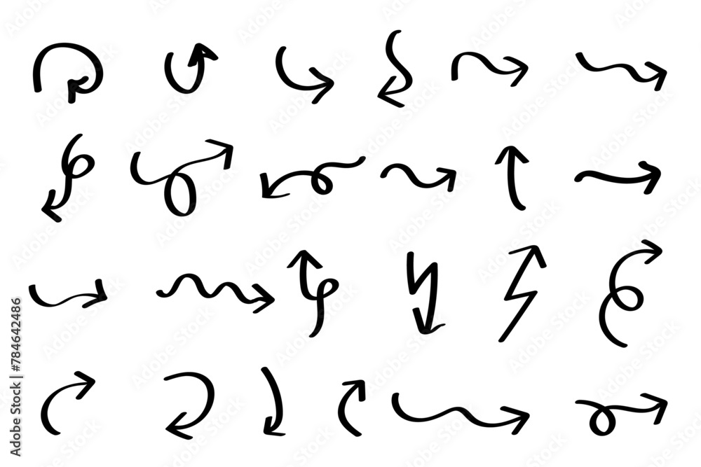 Arrow collection vector. Collection hand drawn arrows. Arrow icons set. Doddle and sketch arrow set. Direction symbols vector illustration Arrow collection vector. Collection hand drawn arrows. Arrow icons set. Doddle and sketch arrow set. Direction symbols vector illustration