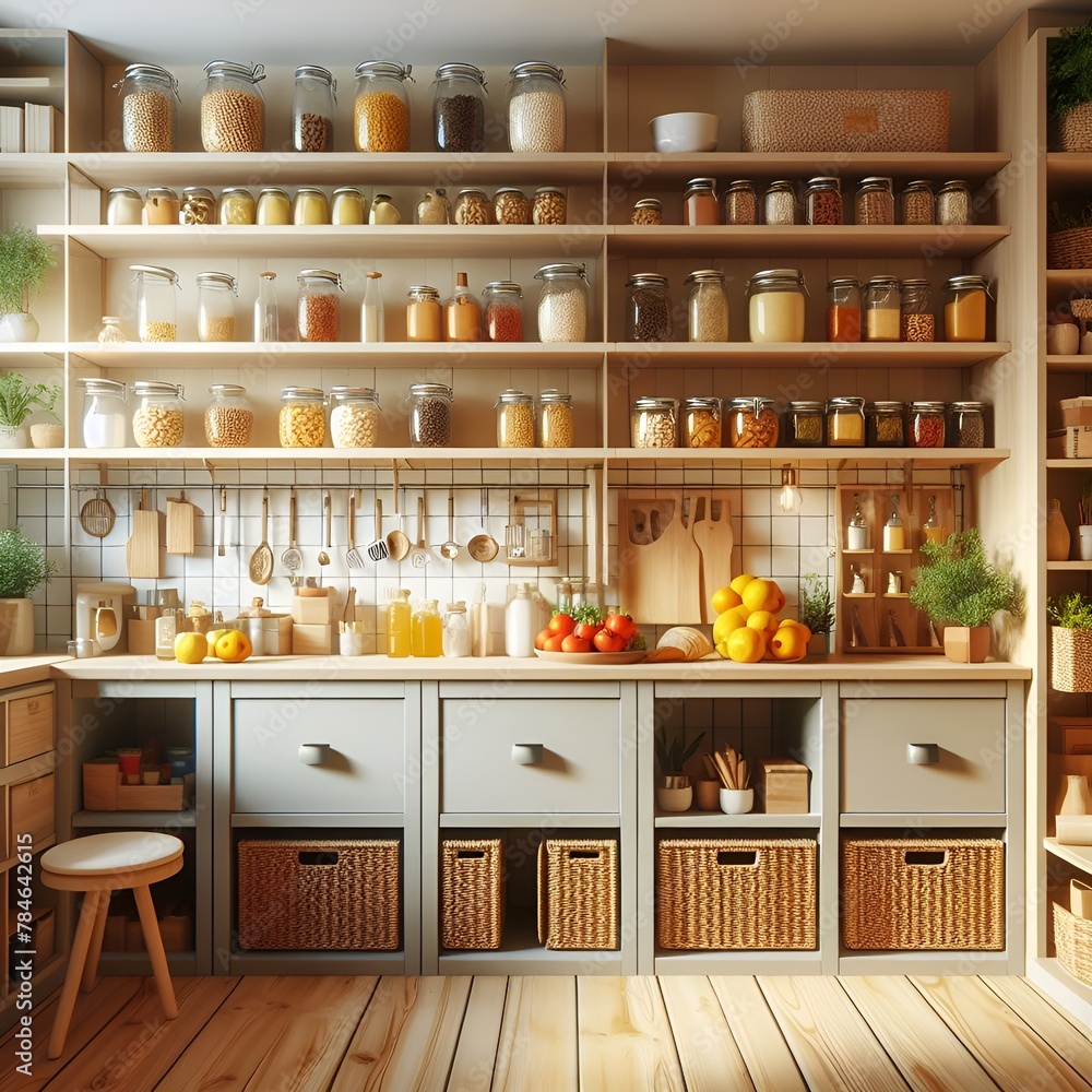 A stylish and efficient pantry layout with glass jars and wicker baskets for an organized look. A kitchen wooden storage with wooden shelves and utensils. A stylish and efficient pantry layout with glass jars and wicker baskets for an organized look. A kitchen wooden storage with wooden shelves and utensils.