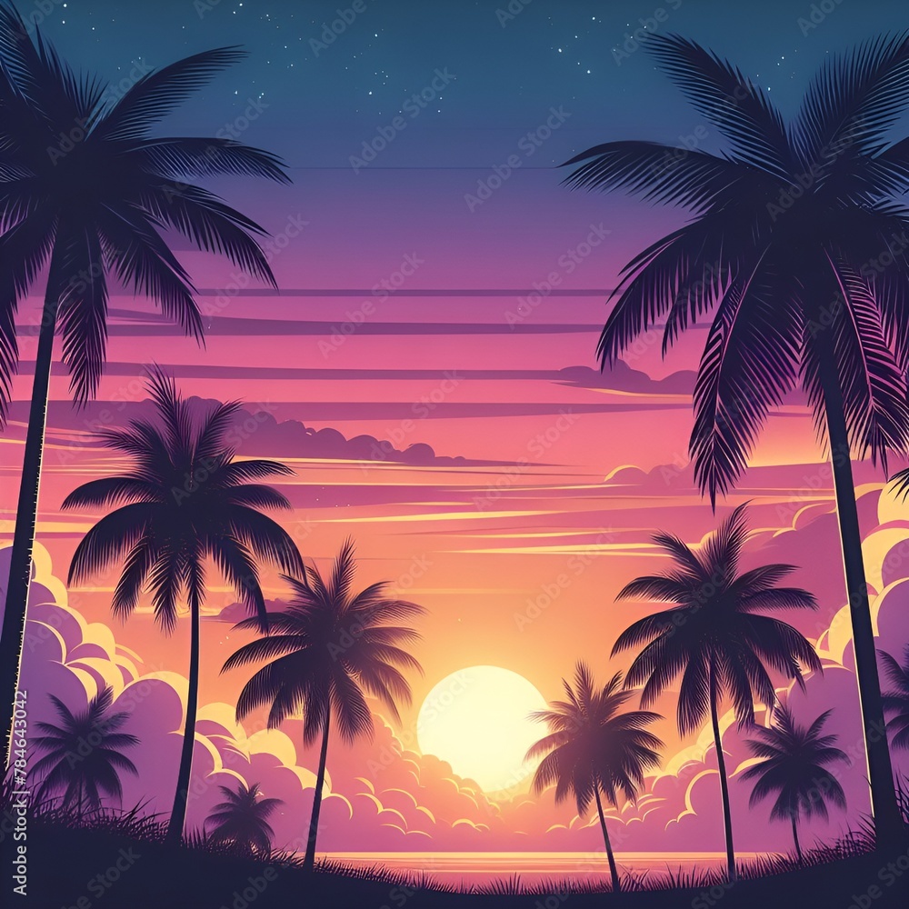 Summer vacation landscape palm tree silhouettes against the background of the sunset. Tropical Jungle Sunset lush tropical jungle scene with towering palm trees, dense foliage, and exotic wildlife