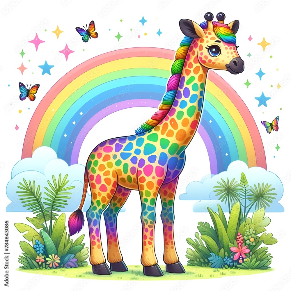 Fototapeta premium Cute happy retro cartoon giraffe character on rainbow background. Funny illustration of an animal with balls and clouds.
