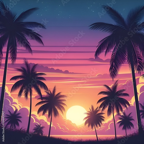 Summer vacation landscape palm tree silhouettes against the background of the sunset. Tropical Jungle Sunset lush tropical jungle scene with towering palm trees  dense foliage  and exotic wildlife