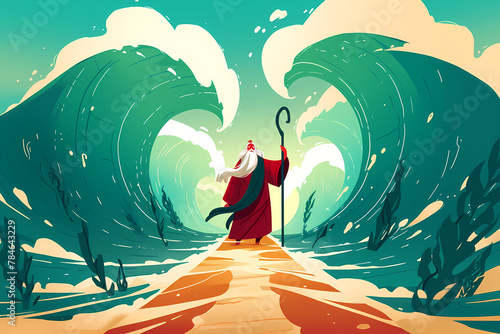 Moses separate the sea in exodus. Israelites crossing the red sea. Biblical and religion illustration. Happy Passover, Pesah photo