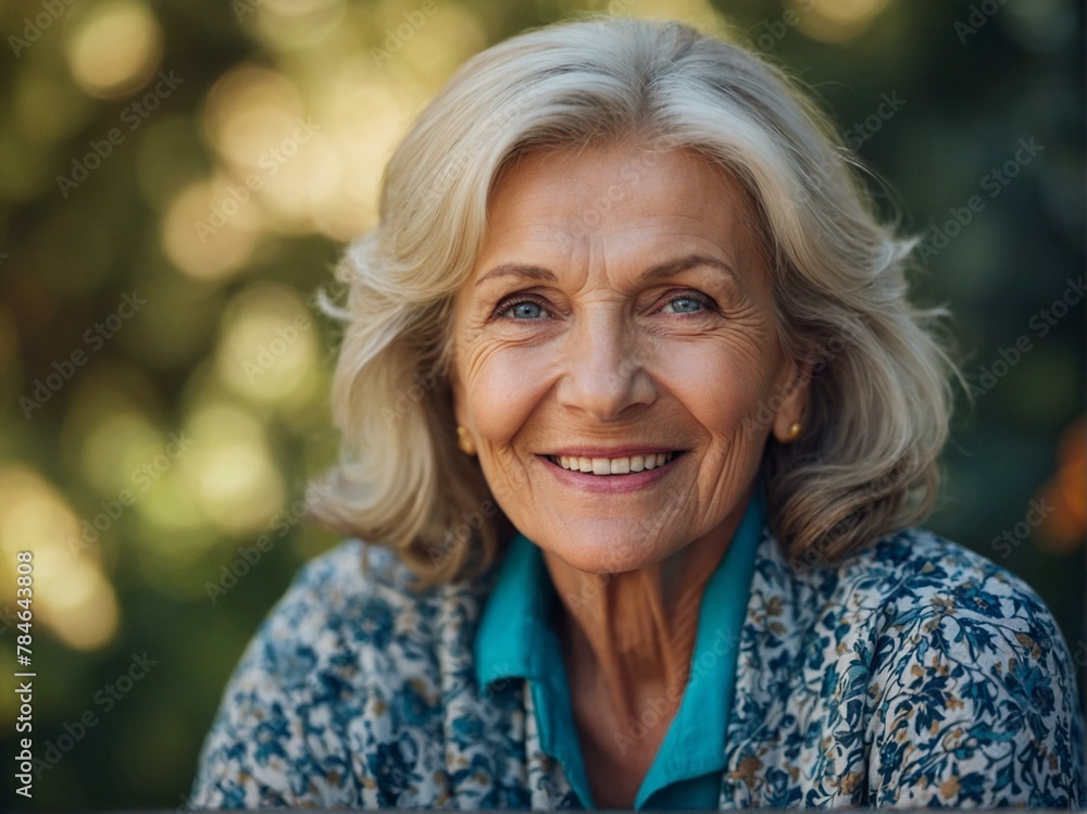 A joyful elderly woman smiles warmly against a backdrop of rich autumn colors and blurred nature A joyful elderly woman smiles warmly against a backdrop of rich autumn colors and blurred nature